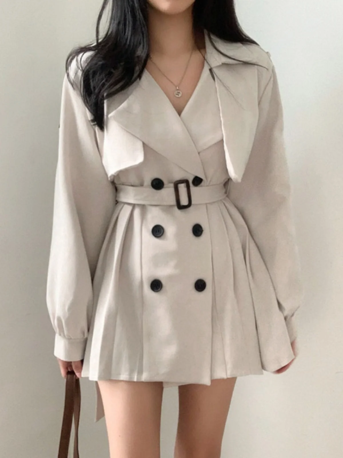 Retro Suit Collar Belted Midi Length Pleated Windbreaker Dress Chic Autumn Korean Style Loose Fit Long Sleeve Single Button