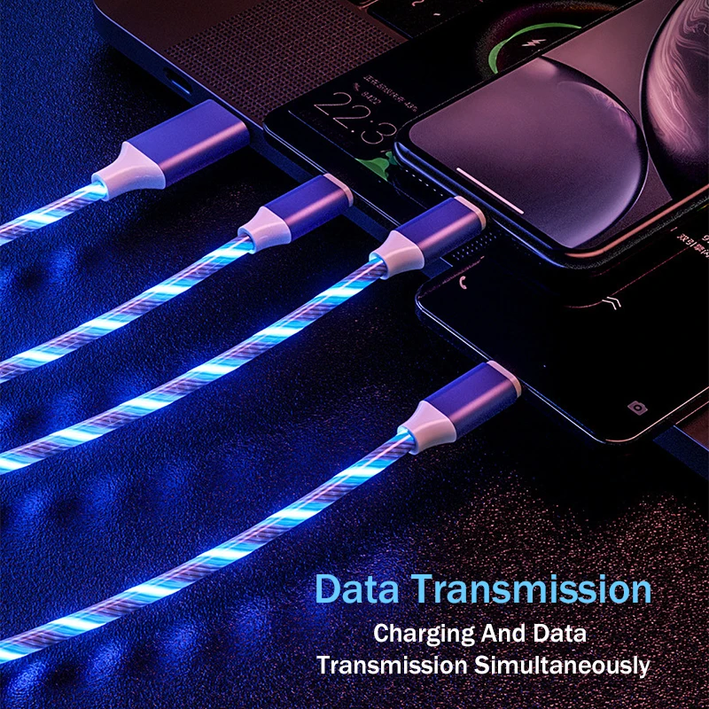 كابل بيانات USB ملون مضيء ، شحن نقل البيانات ، سحب واحد ثلاثة أسلاك ، ايفون ، وايفون ، واسوما ، وسامبونج ، وشيامي ، و 3 في 1