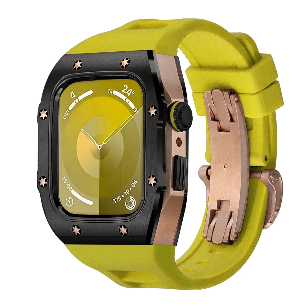 For Apple Watch 9 44mm 45mm New Stainless Steel Luxury Retrofit Kit  SE 5 6 7 8 Series Protection Accessories iWatch yellow band