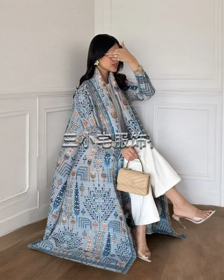 Dames Miyake geplooide Abaya met lange mouwen, print, opvouwbare kraag, robe, cardigan, jas, nieuwe wintermode, origineel ontwerp 2026