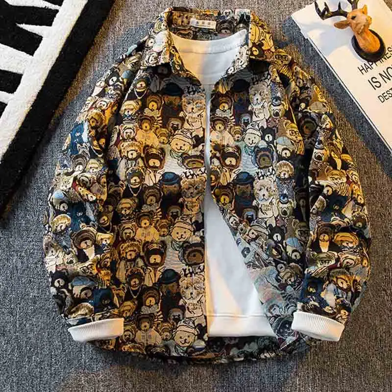 Korean Retro Vintage Fashion Bear Shirt Men's Long-sleeved American Style 2024 New High-end Trendy Shirt Casual Jacket Urban