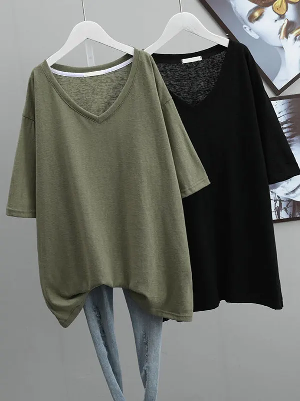 Damska koszulka letnia plus size z dekoltem w serek, luźny krój, czysta bawełna, koreański styl, prosty top, jednolity kolor, do pracy.