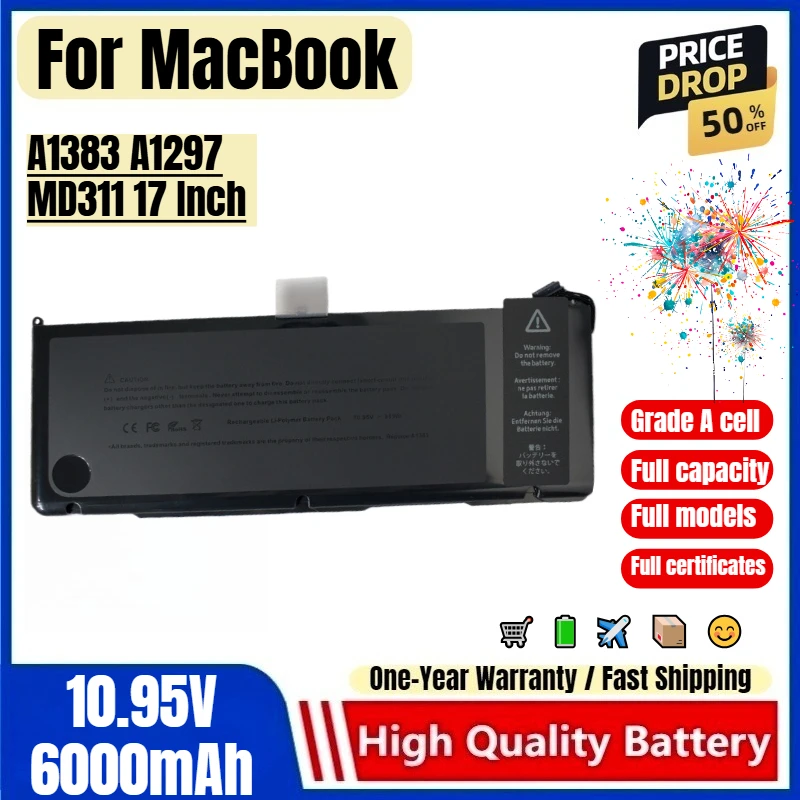For MacBook Pro A1383 A1297 MD311 17 Inch Laptop Battery 0 Cycle High Quality High Capacity Replacement Bateria Grade A Cell