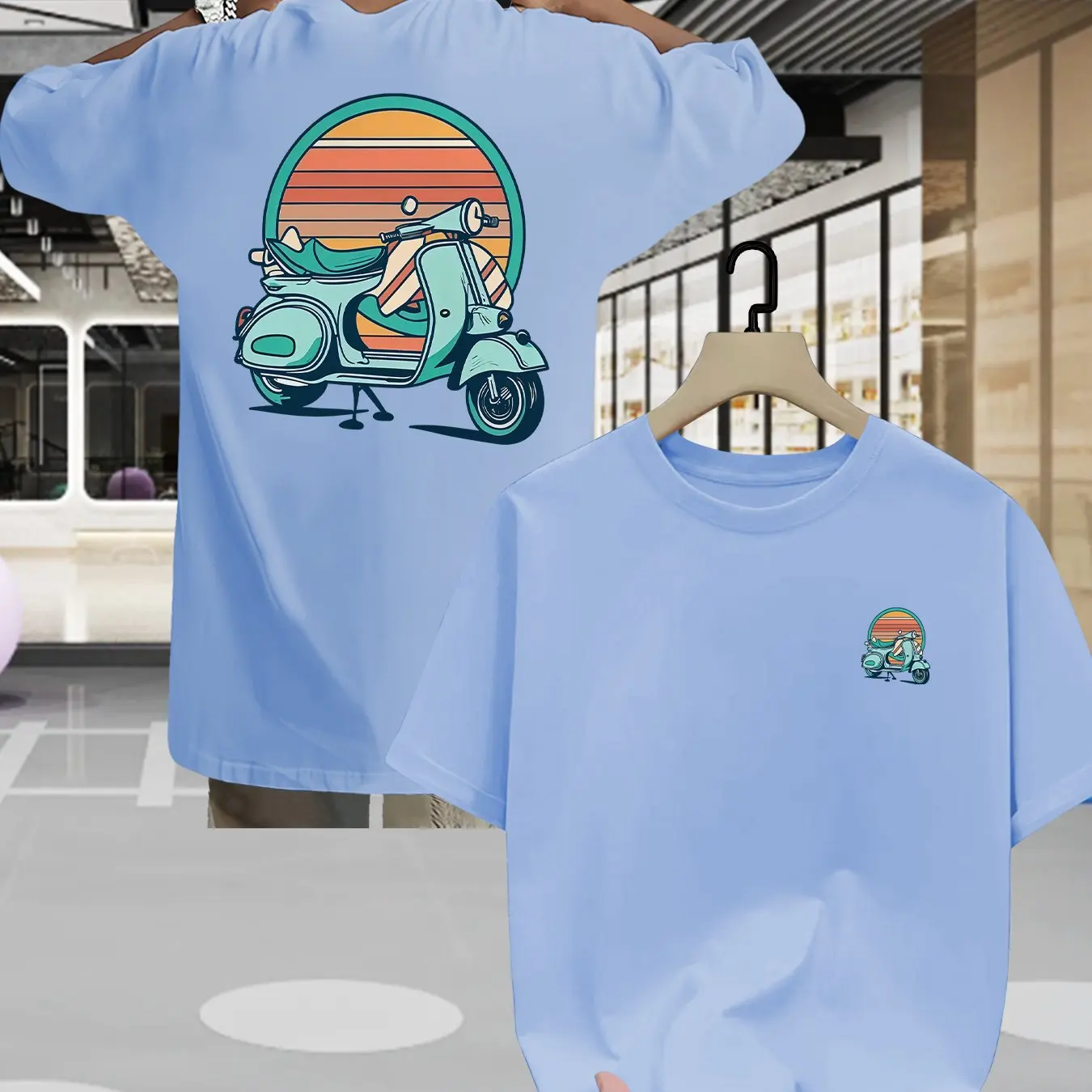 Herren Retro-Roller-Muster T-Shirt 100% Baumwolle Sommer Retro-Sonnenuntergang-Druck Lässiges Reise-Motorrad Street-Style Oberteil – Detail 8