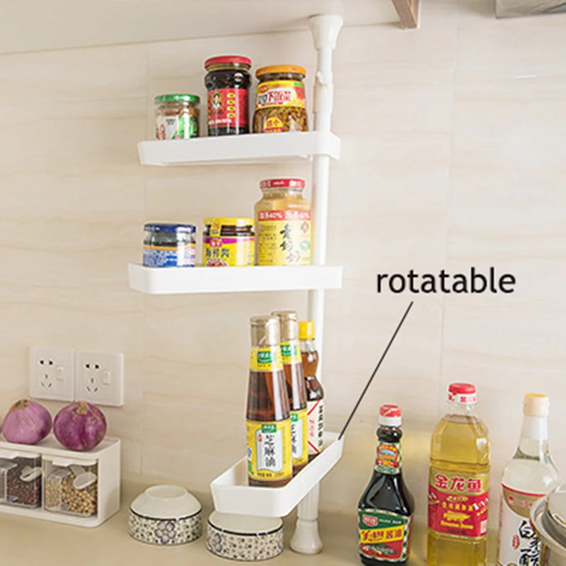 

3-Layer Retractable Punch-free Kitchen Spice Rack Organzier Single Rod Rotating Seasoning Storage Rack Kitchen Sorting Shelf