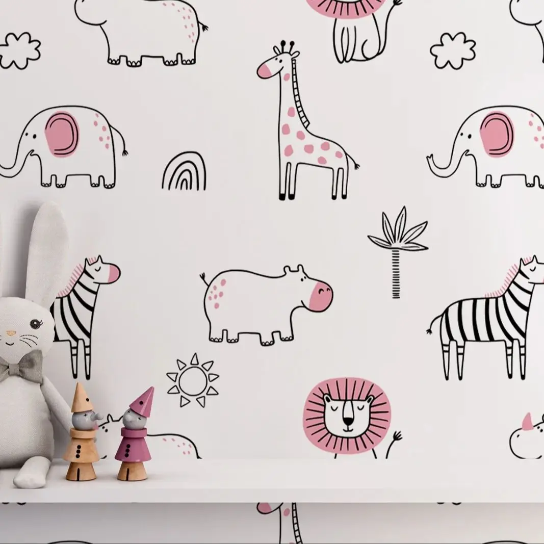 Hand Draw Cute Animals Wallpaper,Cartoon Safari Jungle Animals Wallpaper For Wall,Childish Wall Wallpaper For Kids Room Decor