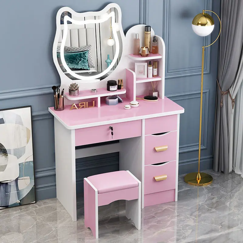 

Pink Modern Dressing Table Mirror Makeup Shelf Cosmetics Dressing Table Storage Girl Mesa De Maquillaje Postmodern Furniture