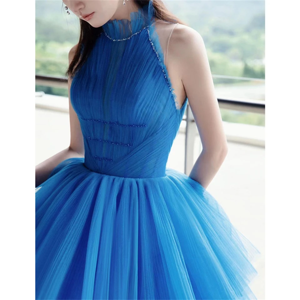 Modern Blue Halter Tulle Tiered Ball Gown Sleeveless New Design Evening Dresses For Women 2024 Prom Dresses Birthday Party Dress