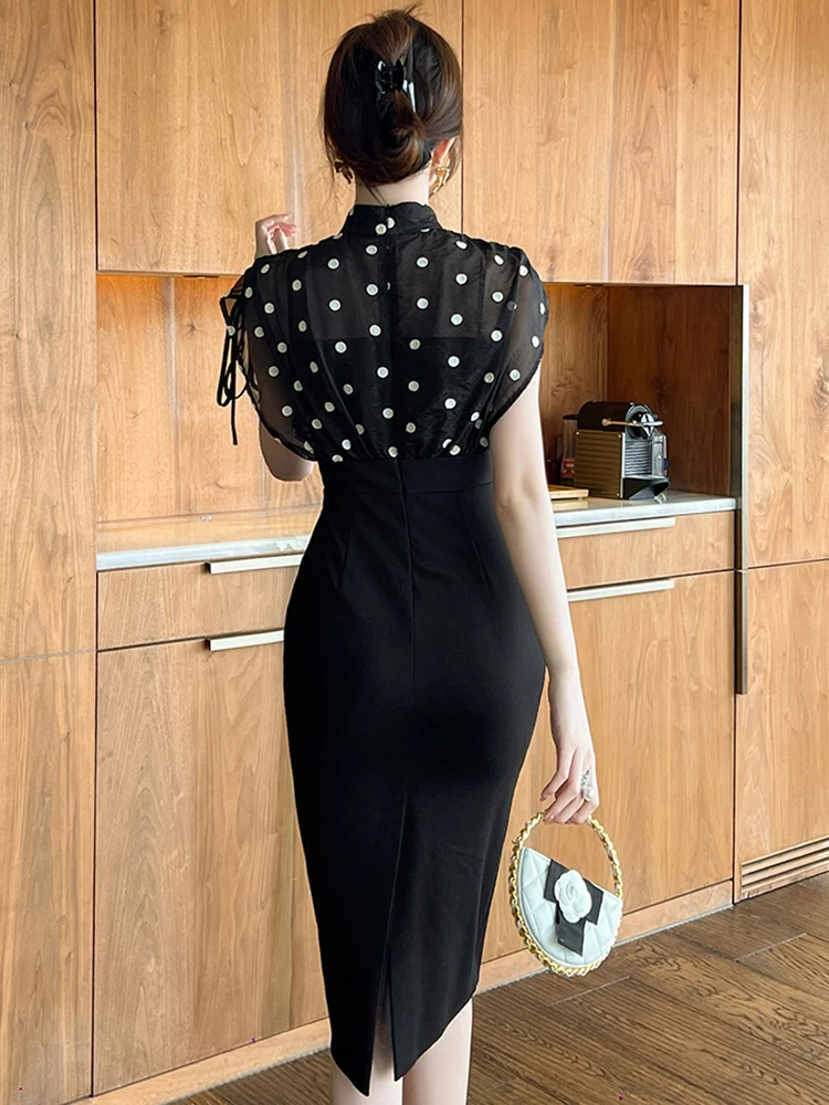 Retro Cheongsam Fake 2 Piece Party Dress Women Elegant Sheer Dot Mesh Splice Pearl Button Drawstring Midi Robe Qipao Vestidos