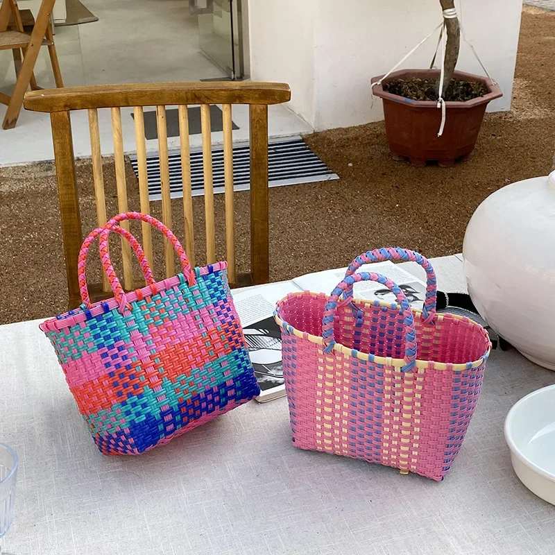 Colorful Woven Tote Bag Shopping Basket Pvc Handbag Weaving Hand Basket Large Capacity Picnic Beach Bags Patchwork Striped Tote