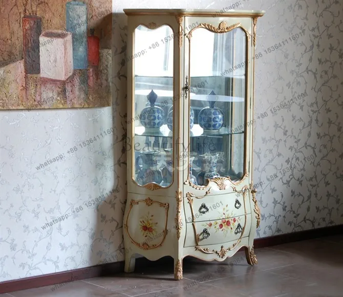 PJ European furniture pastoral hand-painted dining side display floor-to-ceiling storage glass cabinet