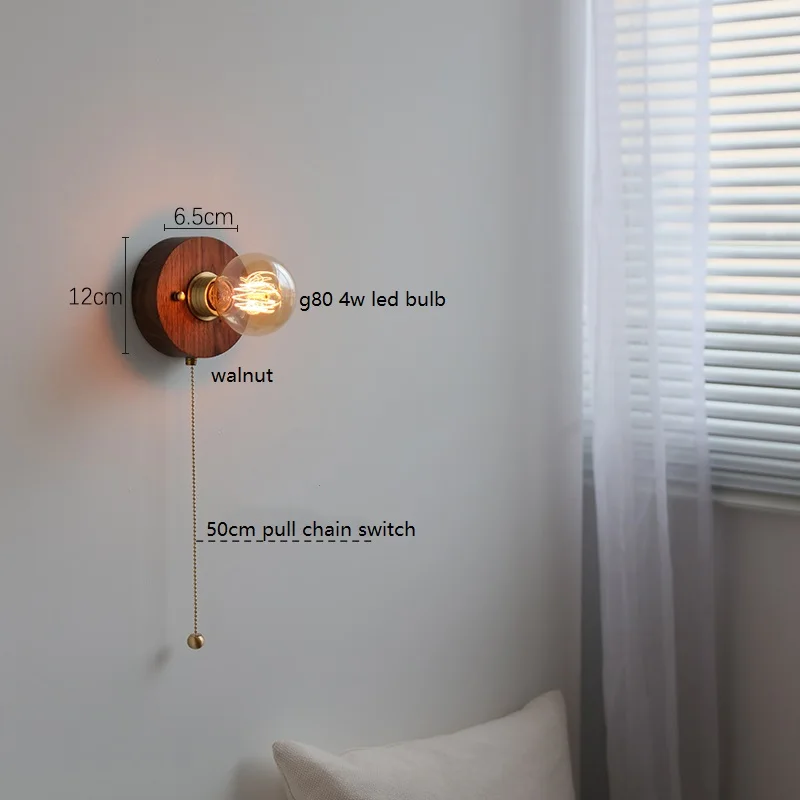 IWHD Japanese Style Vintage LED Wall Beisde Lamp Pull Chain Switch Plug in Walnut Ash Wood Copper Bathroom Mirror Stair Light