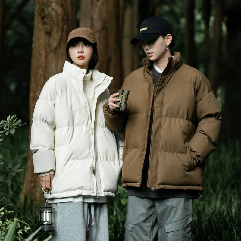 Winter New Fashion Men's Solid Color Simple Basic Casual Trendy Loose Stand Collar Long Sleeve Quilted Coats Male Hooded Parkas