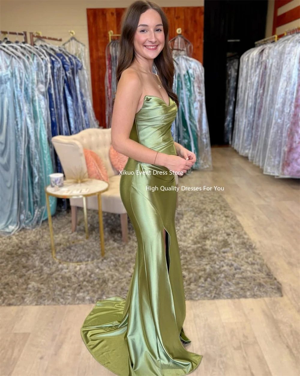 Xikuo فستان حفلات حورية البحر مطوي على شكل قلب وسحاب خلفي أنيق ذيل محكمة فستان سهرة مثير بشق فيستدوس دي فييستا مخصص
