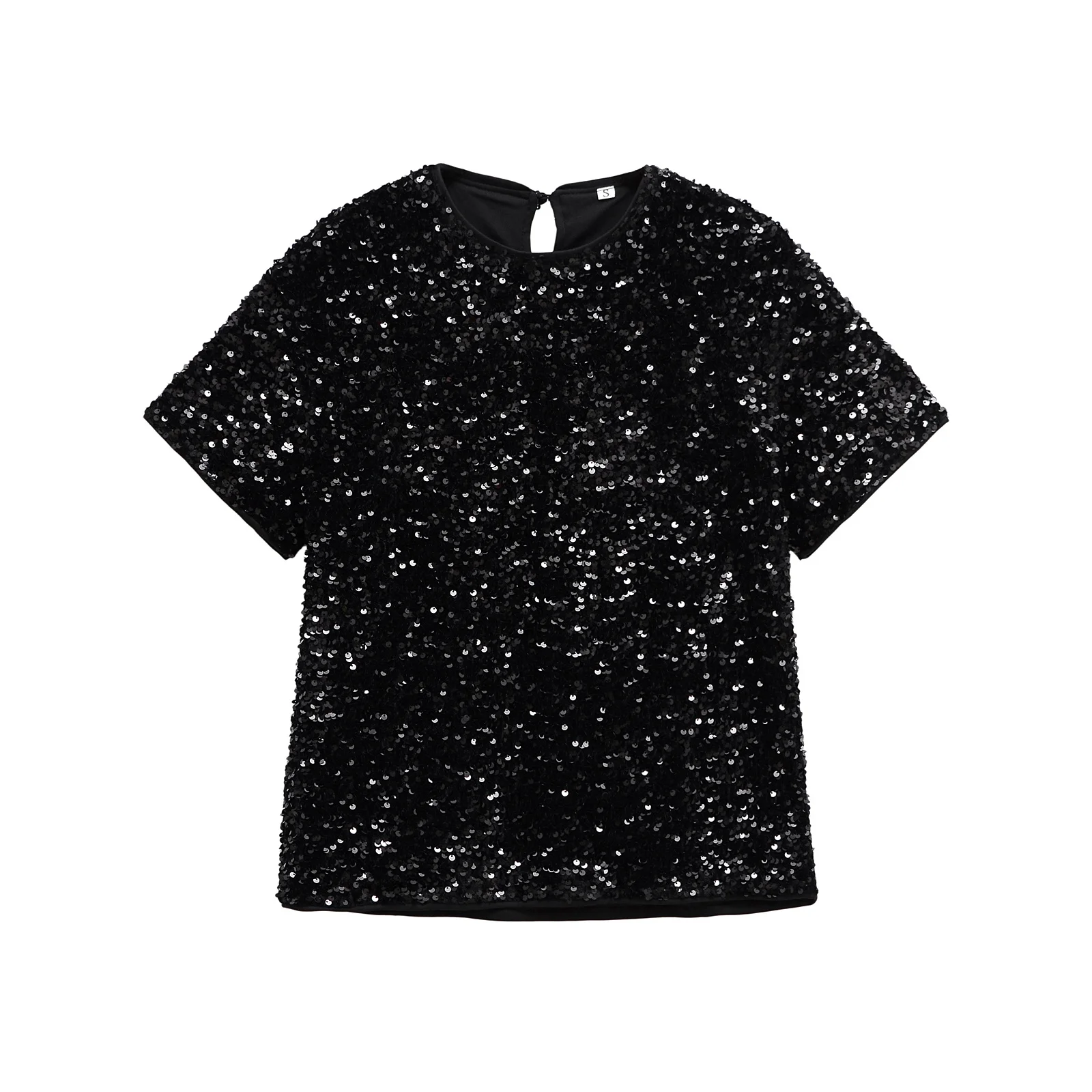 

Jenny&Dave Minimalist Women's Sequined Round Neck Women's T-shirt French Elegant Black Summer Shirt Women Pullover Top
