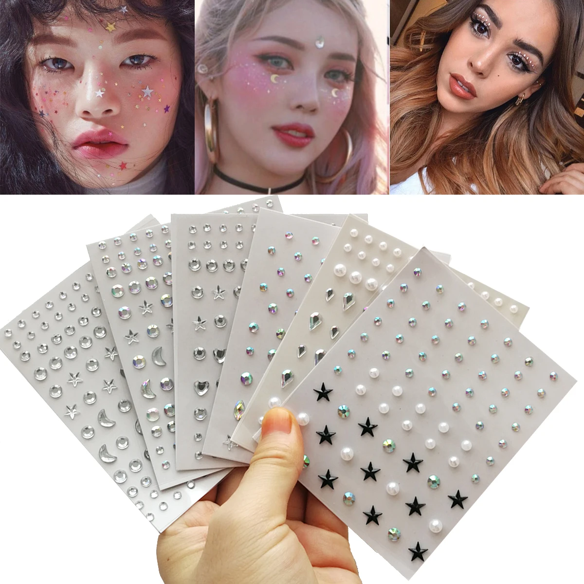 3D Eyes Face Makeup Temporary Tattoo Self Adhesive Beauty White Pearl Jewels Stickers Festival Body Art Decorations Nail Diamond