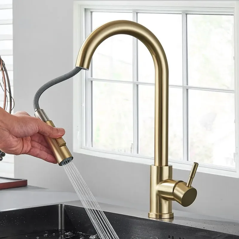 Kitchen Sink Faucet Black Gold Water Faucet Pull Out Stainless Steel Hot Cold Water Mixer Tap 2 Water Modes Flexible Gold Taps