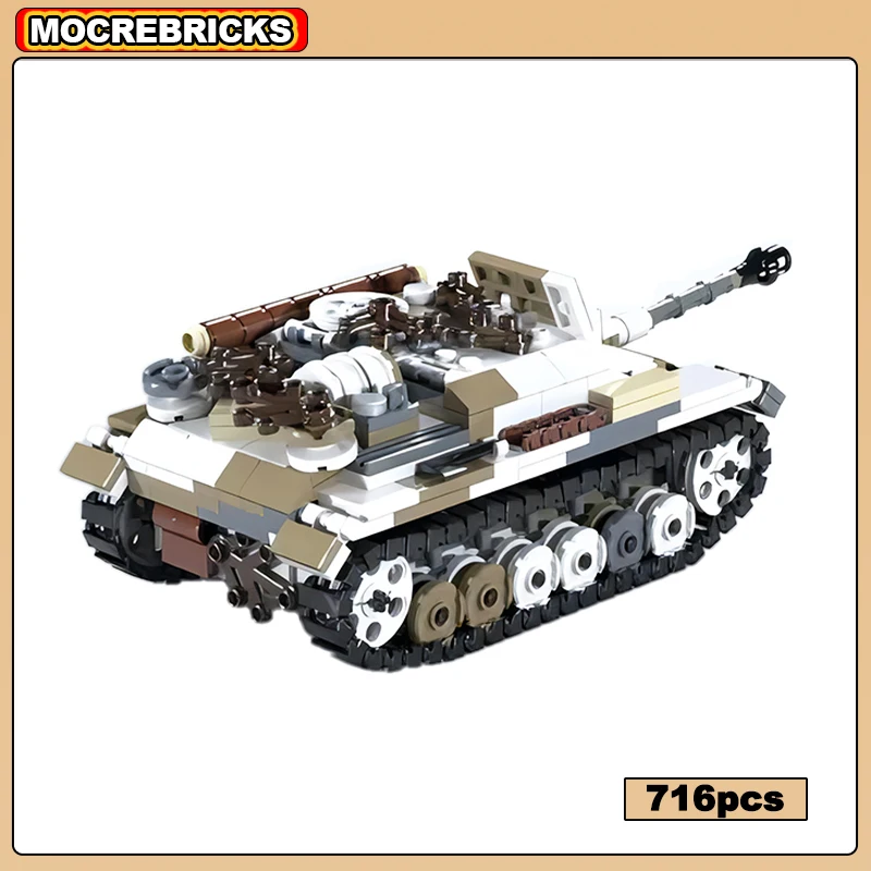 WW2 High-tech Weapon Stug III ausf.G Main Gun Tank Full Track Military Armored Chariot Building Blocks Model Kid's Bricks Toys