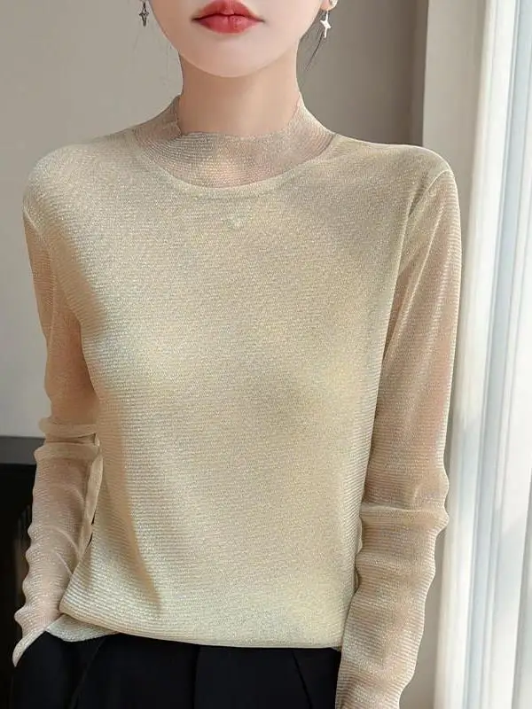 Fashionable Mesh Base Shirt Long Sleeve Half High Collar Inner Wear Casual Style Universal Fit Bright Thread Summer Spring Top