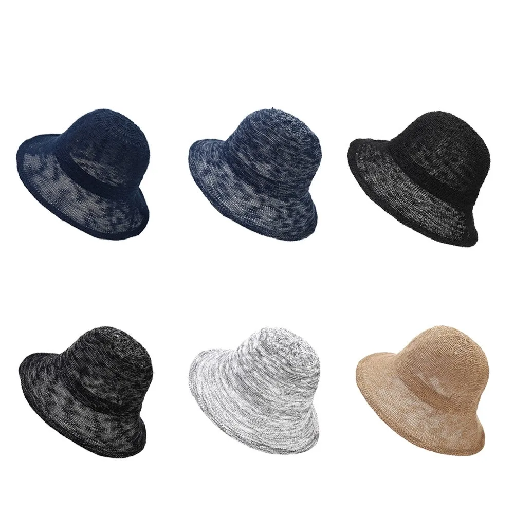 Spring Summer Thread Mixed Bucket Hat Women Outdoor  Knitted Folded Breathable Sun Hat Fisherman Hats