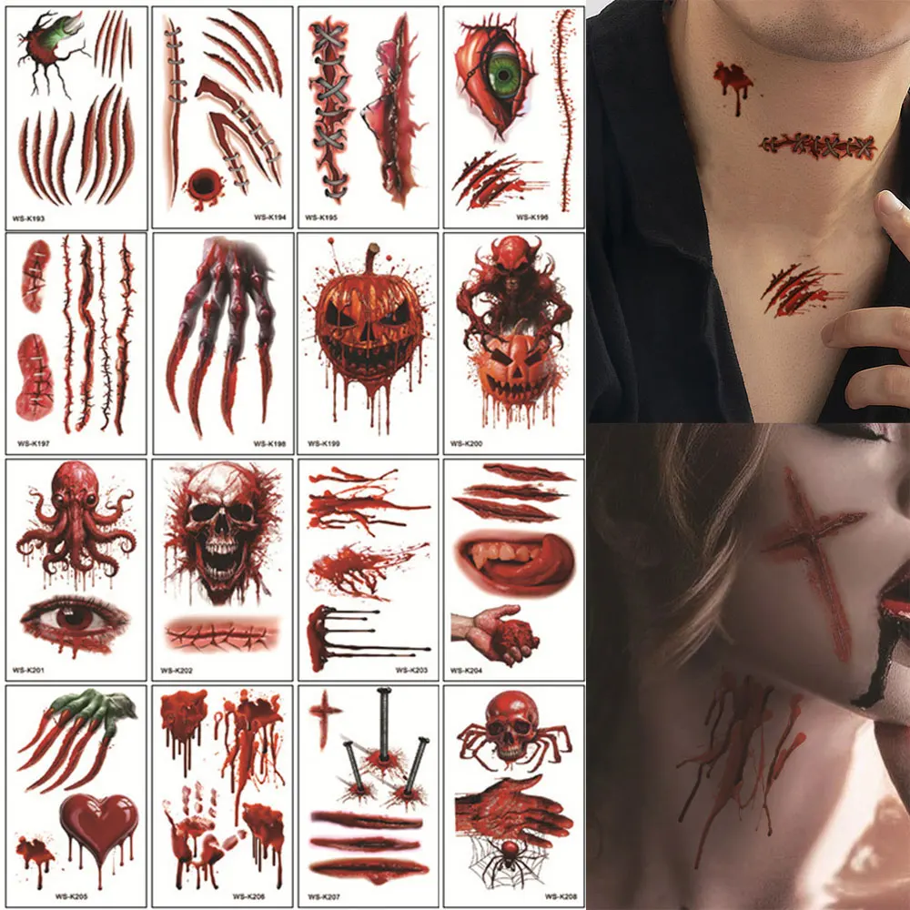 16pcs Halloween Tattoo Stickers Realistic Scar Stickers Disposable Horror Temporary Body for Women Men Fake Tattoo Waterproof