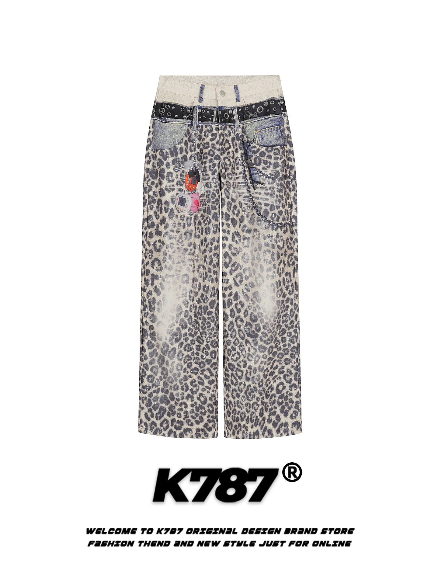 

K787 American Retro Leopard Print Patchwork Hole Casual Pants Men's Women's Digital Printing Design Hip Hop Straight Leg Pants