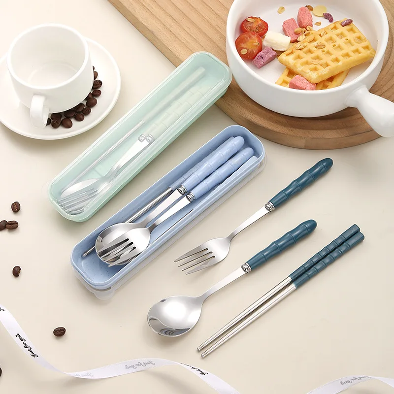 

Stainless Steel Portable Cutlery Set with Storage Box Wheat Straw Fork Spoon Chopsticks Camping Dinner