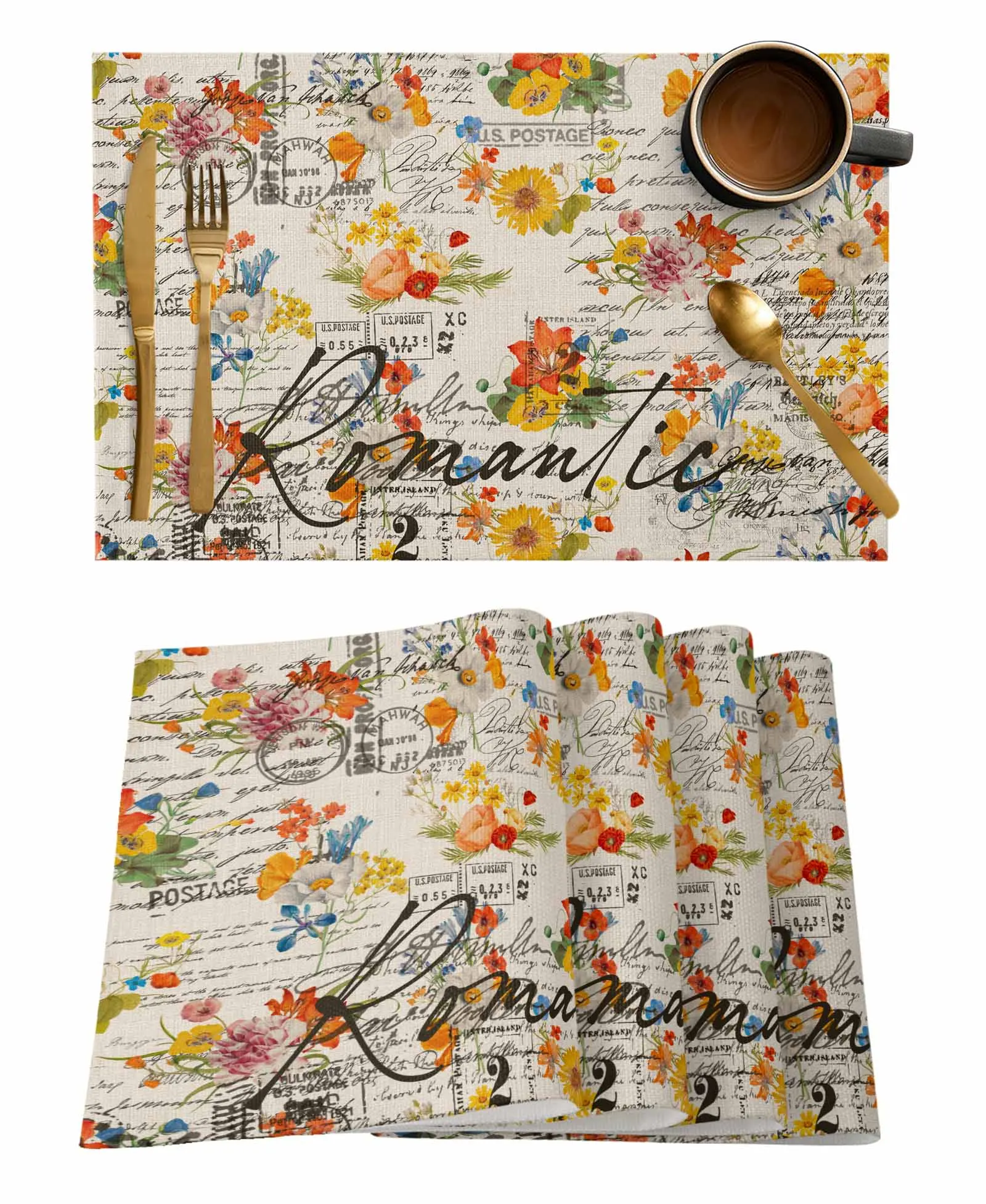 Retro Illustration Flower Envelope Postmark Tablecloth Wedding Decor Party Table Runners Kitchen Dining Table Cover Tablemats