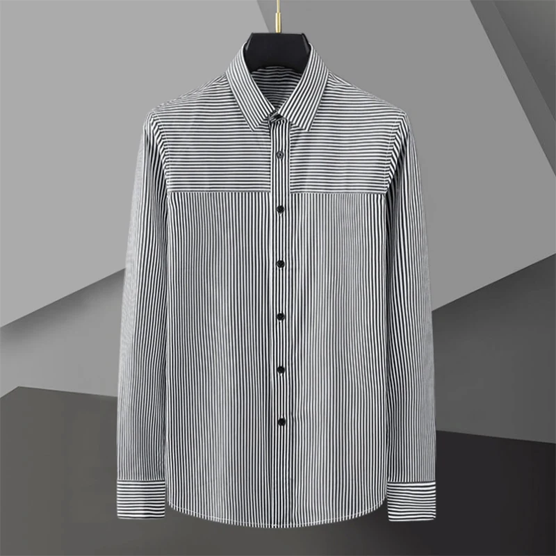 High Quality Men Striped Patchwork Shirt Long Sleeve Slim Fit Casual Business Formal Dress Shirt Social Party Shirts For Men