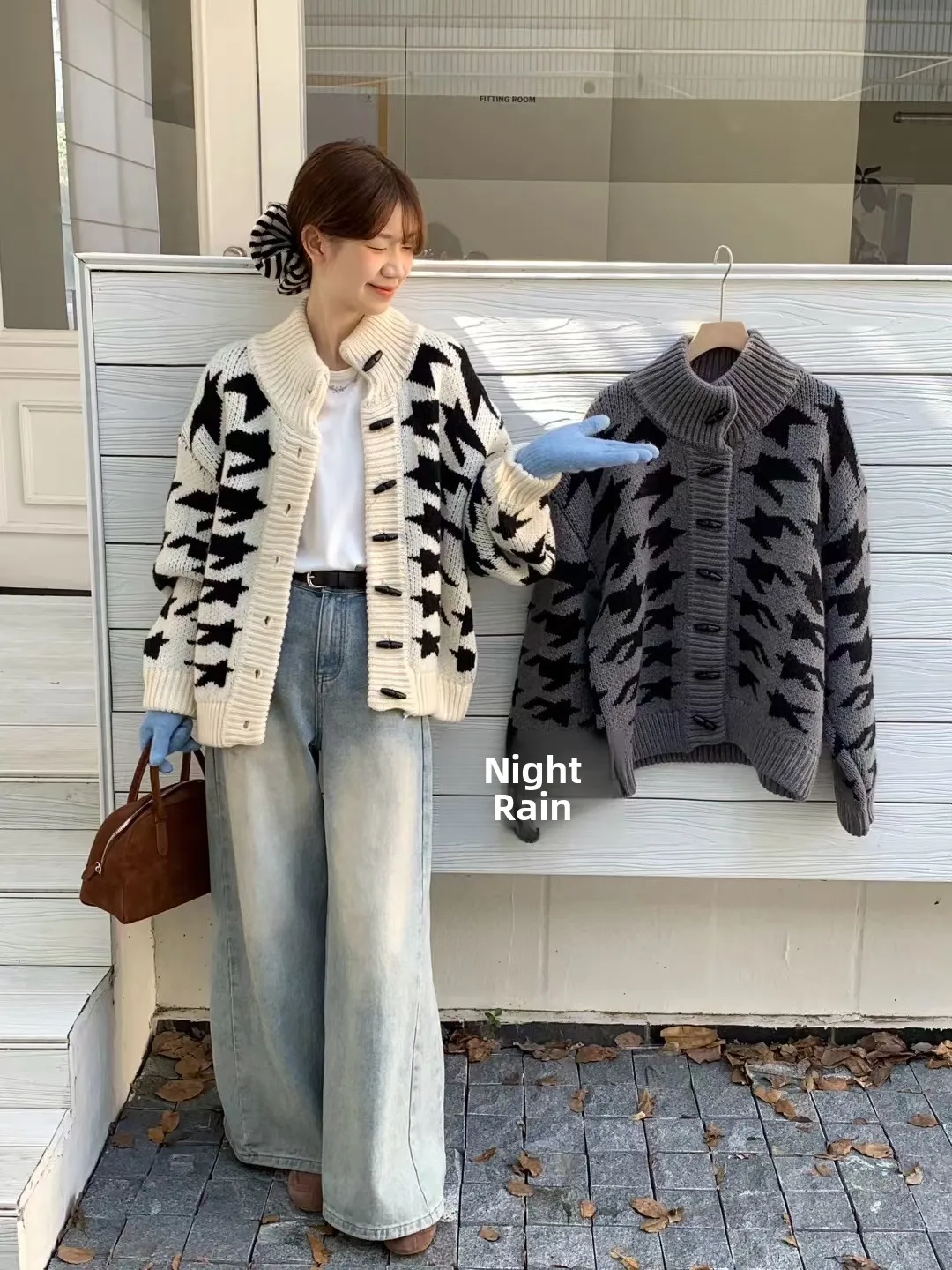 

European Sle Thiened Knitwear Coat Loose High Collar Faionable Plaid Design Warm Casual Long Sve Women's Outerwear