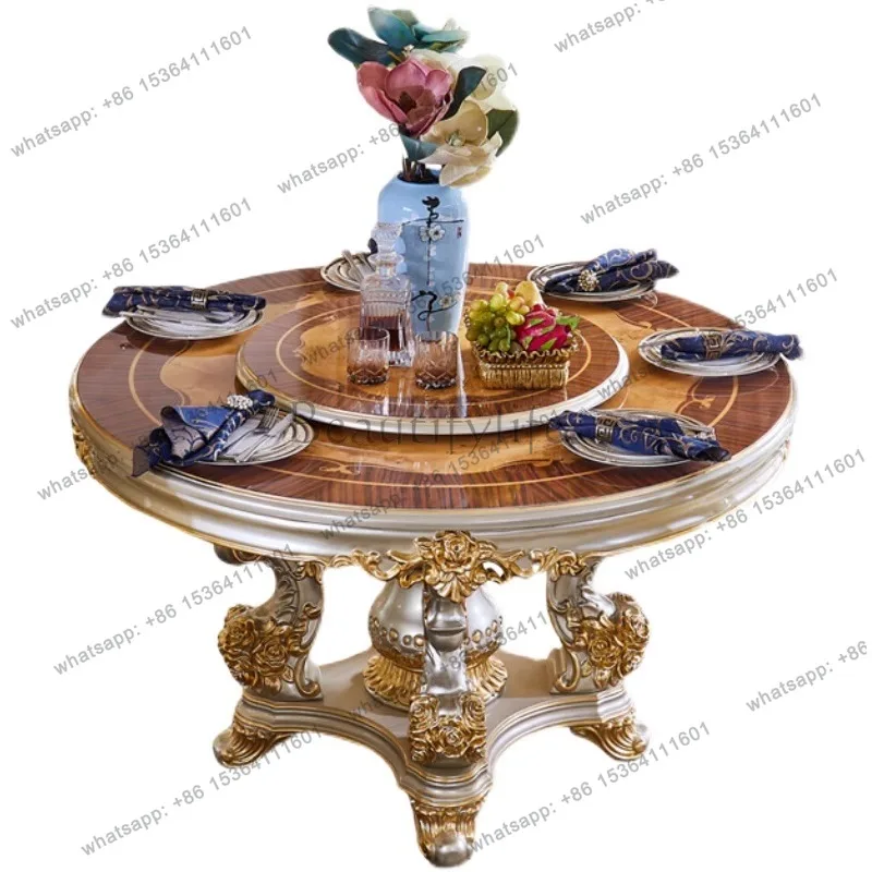 

Marble round table with turntable All solid wood dining table Villa restaurant Luxury round dining table