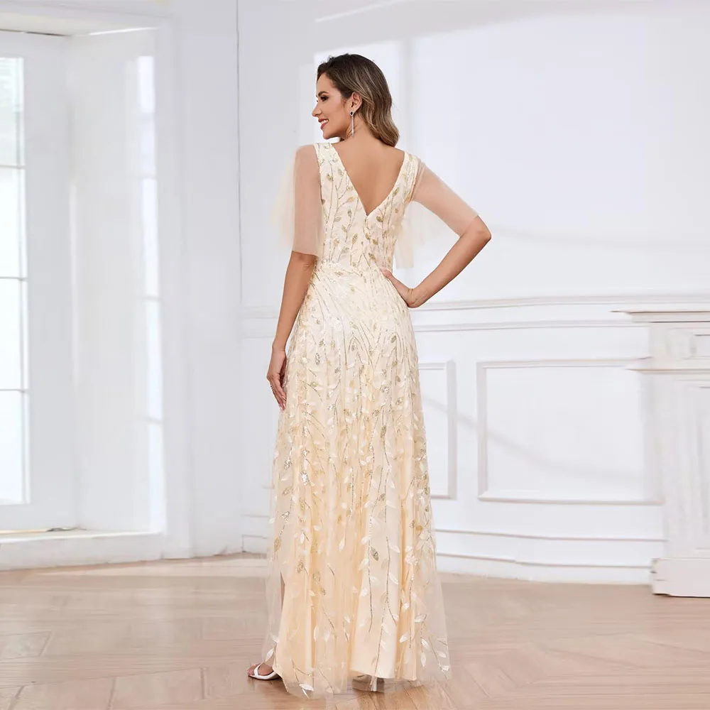 Abiti da madre della sposa eleganti personalizzati con scollo a V e paillettes per donna Abito da sera formale lungo a sirena in tulle con maniche