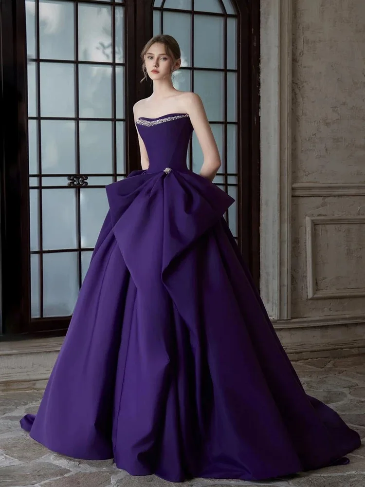 

Элегантные фиолетовые платья для выпускного вечера трапециевидной формы с бисером, плиссированные, без рукавов, без бретелек, на молнии, с открытой спиной, длиной до пола, атласное вечернее платье