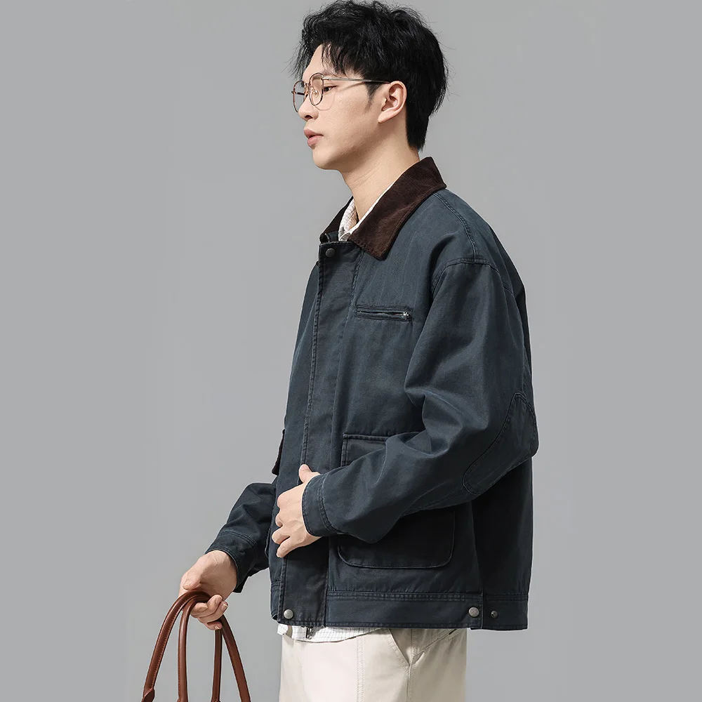 American Vintage Washed Cotton Cargo Jacket Men Commute Fashion Loose Casual Business Coat Spring Autumn Outerwear