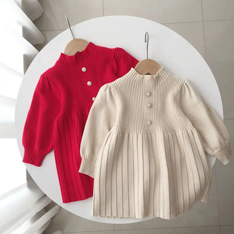 Baby Mädchen Pullover Kleid Herbst und Winter Modische Rote Prinzessin Plissee Kleid Kinder Strickkleid