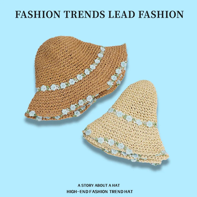 Holiday Pastoral Style Flower Straw Hat Female Summer Seaside Hollow Sun-Shade Fisherman Hat