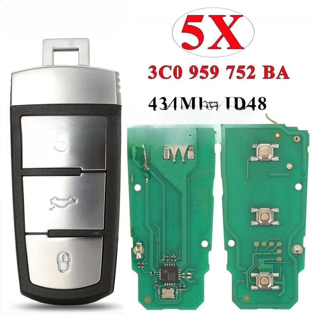 

5 шт. 3C0959752BA дистанционный автомобильный брелок 434 МГц ID48 чип для Volkswagen подходит для VW Passat B6 3C B7 Magotan CC 3 кнопки