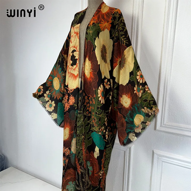 Winyi Africa Mode Zomer Kimono Maxi Jurk Strand Cover Cardigan Boho Sexy Jas Boho Print Kaftan Strand Outfits Vrouwen