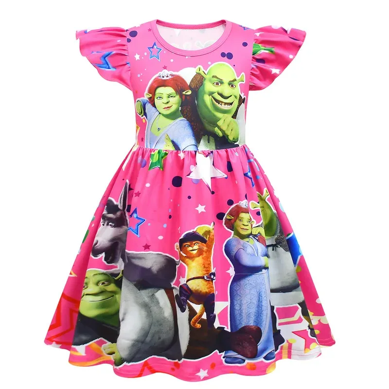 فساتين zz04zz12Shreks Fiona بأكمام طائرة على شكل حرف a Shreks وحمار مطبوع عليها رسوم كرتونية فستان باليه بحزام للفتيات فستان حفلات للأطفال Clo