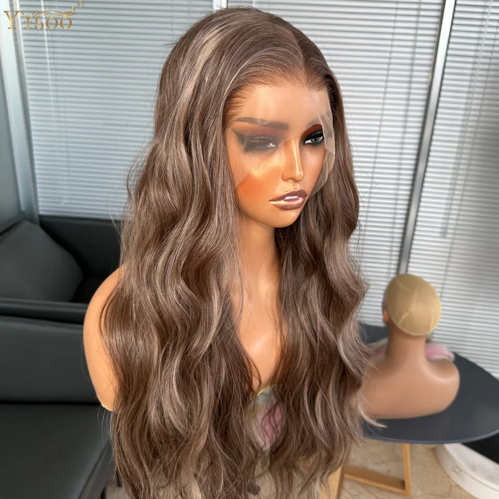 YYsoo wig renda depan sintetik tanpa lem Futura Jepang lurus halus warna 13x4 untuk wanita garis rambut telah ditanami