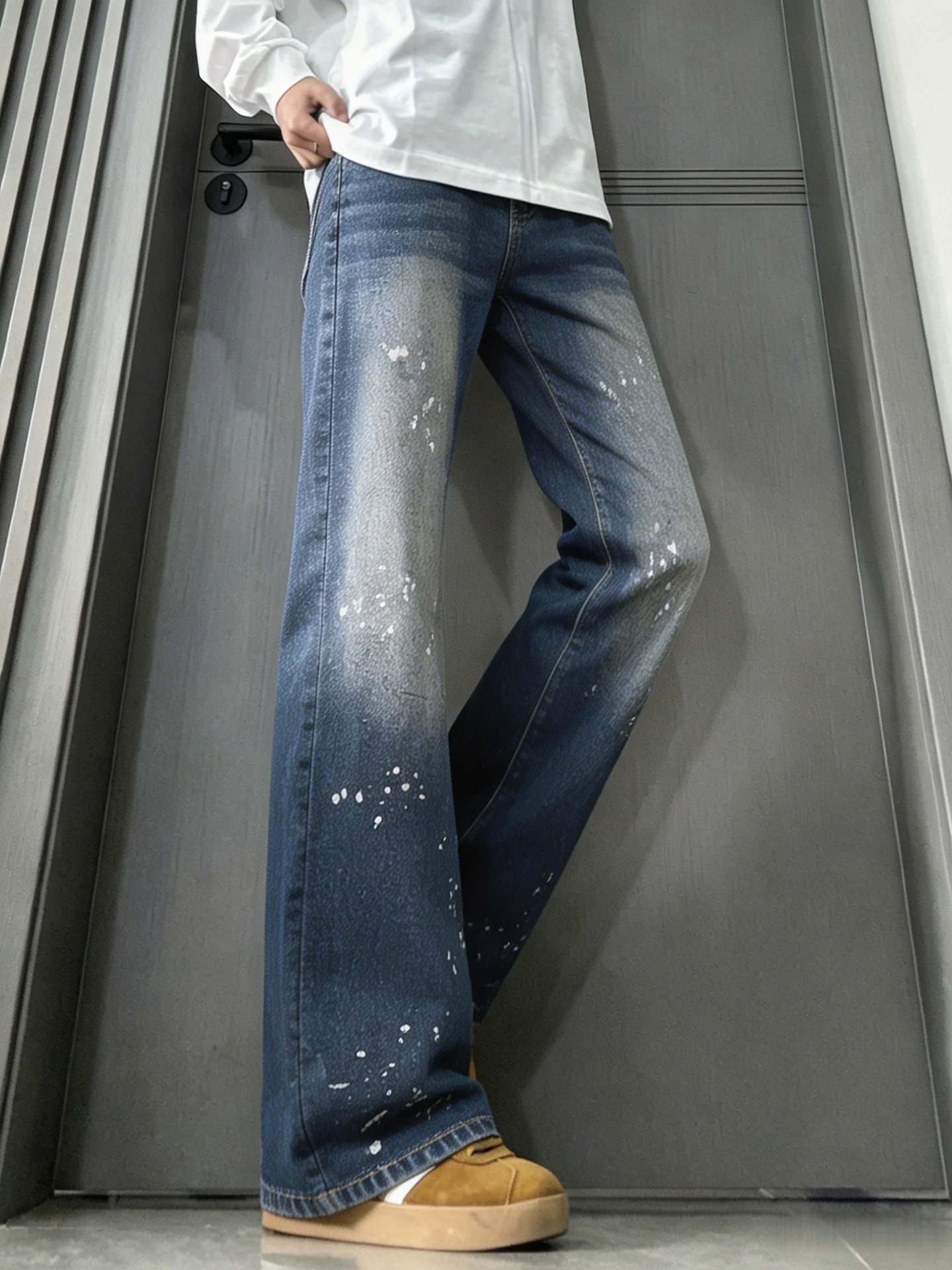Cleanfit Men's Summer Loose Straight Leg Jeans Knife  Spray Ink Paint Point American High Street Fashion Jeans