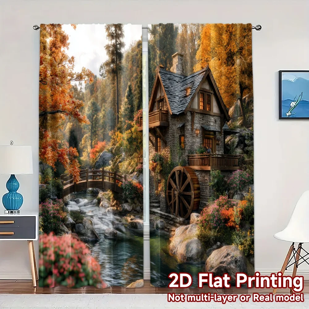 2pcs, 2D FLAT PRINTING Curtains (Without Rod) Autumn Cottage Chic Curtain Fabric Yarn Curtains Thermal Insulation, and Room