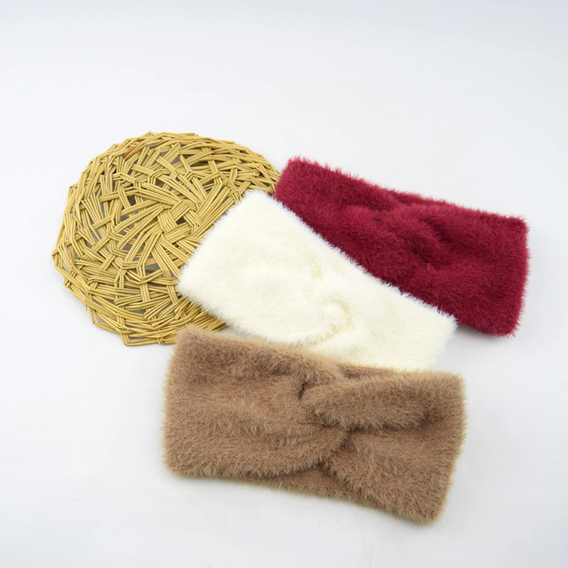 Solid Color Imitation Mink Cashmere Wide Headband Cross Knot Fluffy Bow Hairband Women Winter Ear Warmer Cycling Yoga Turban