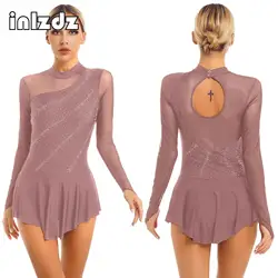 Vestito da body da ginnastica per balletto da donna maglia trasparente manica lunga con strass figura abito da pattinaggio su ghiaccio abbigliamento da sala da ballo