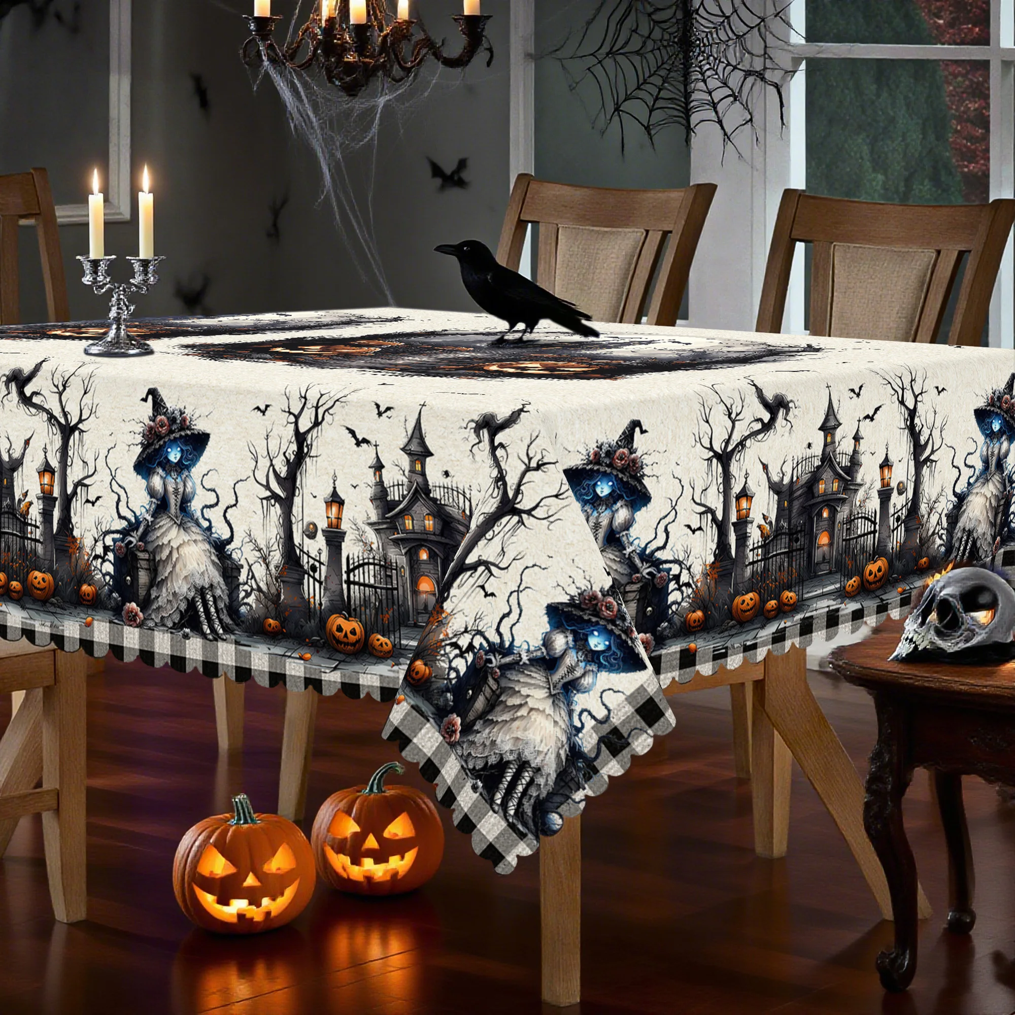 One tablecloth with Halloween patterns featuring haunted castle and pumpkins