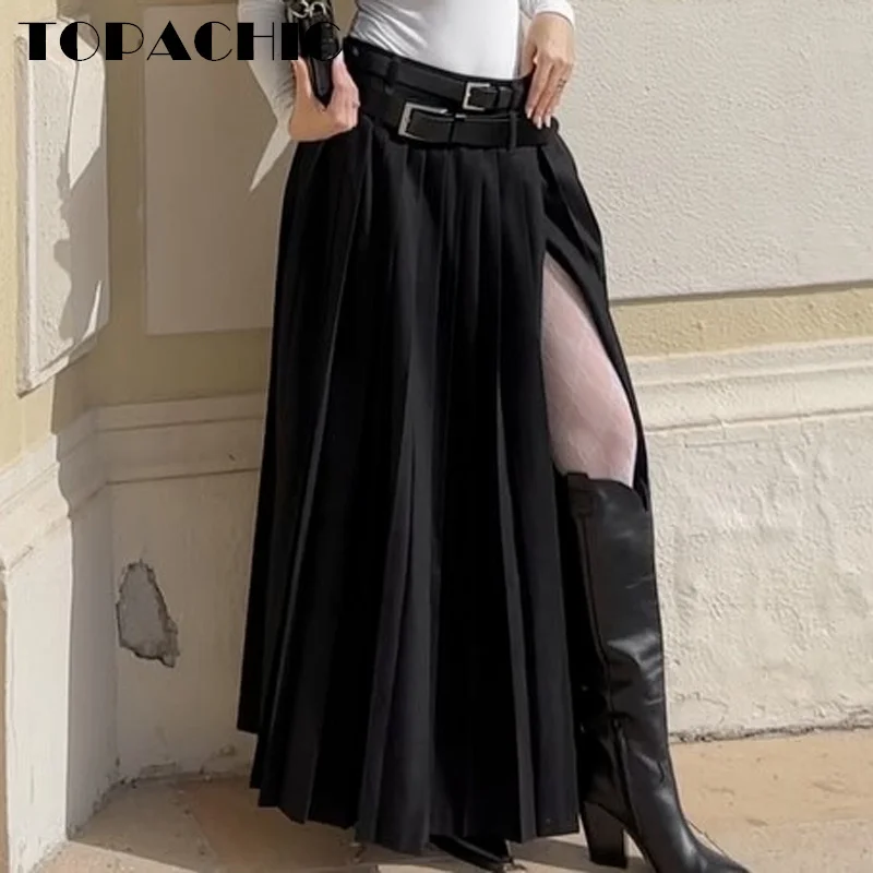 8.6 TOPACHIC Women Temperament All-matches Double Buckle Sashes Design Long Pleated Skirt Solid Casual Party Short Skirt