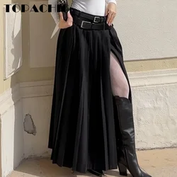 8.6 TOPACHIC Women Temperament All-matches Double Buckle Sashes Design Long Pleated Skirt Solid Casual Party Short Skirt