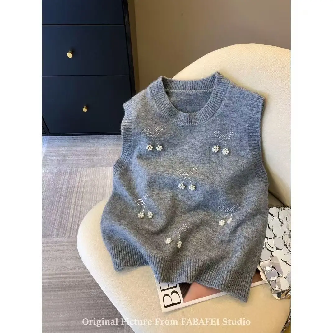

Gagarich Round Neck Korean Nail Bead Knitted Vest 2025 Spring Autumn New Embroidery Flower Vest Sleeveless Sweater Top