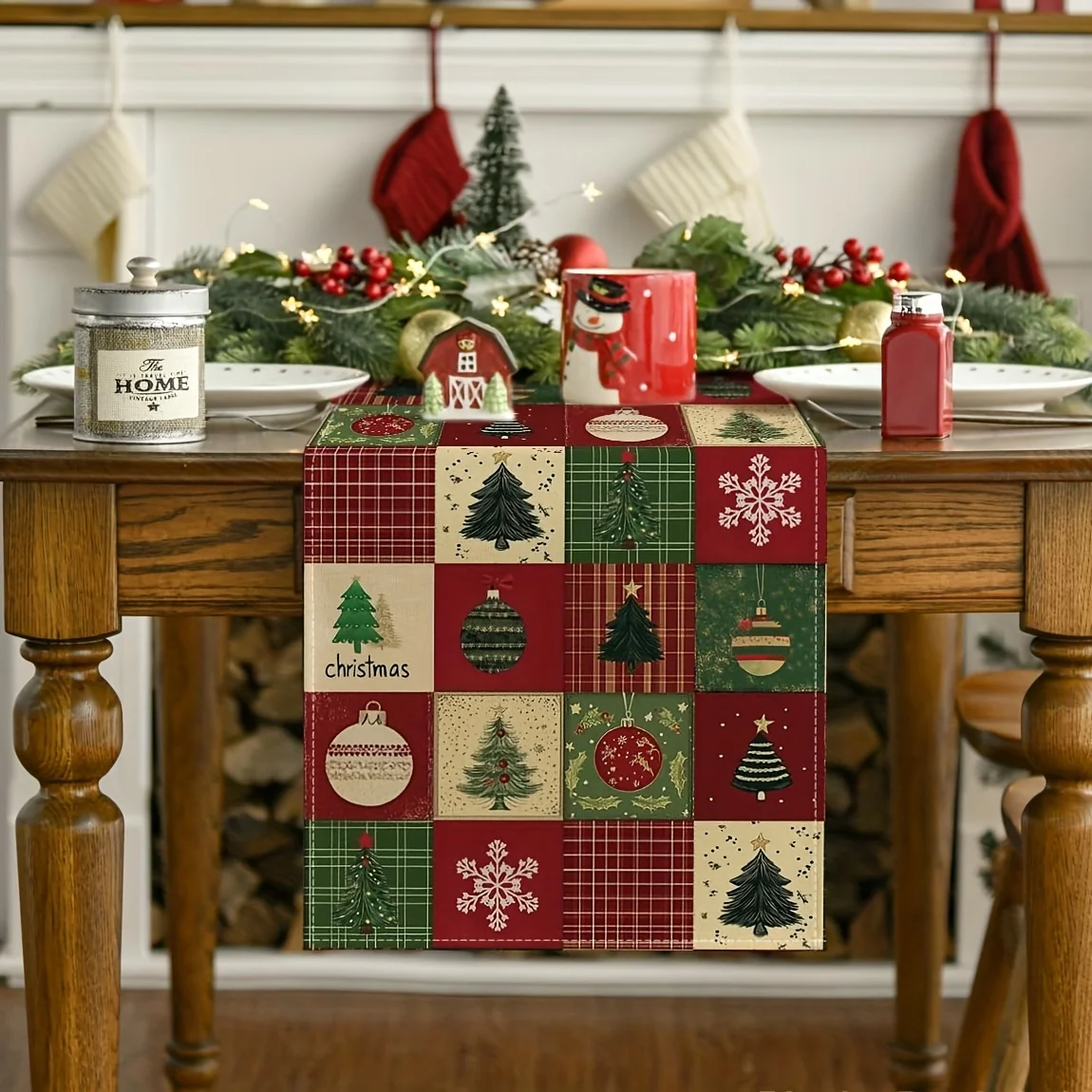 1pc Dokriy, Festive Atmosphere Christmas Tree Gift Gathering Table Runner Winter Kitchen Table Decor Family Celebration Decor
