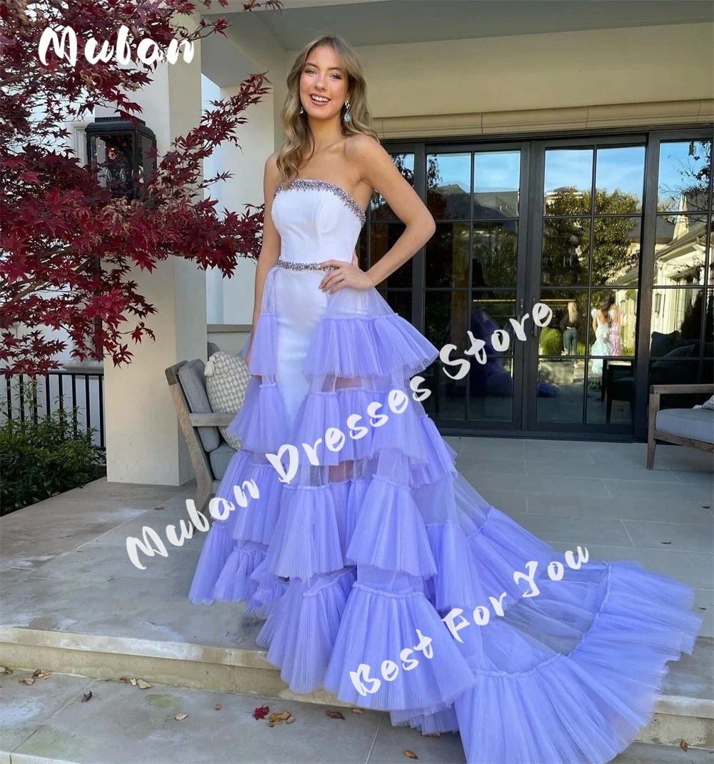 

Customized Strapless Beaded Evening Dresses Tulle Tiered Prom Gowns Sleeveless Elegant Women Formal Occasion Dress High Neck